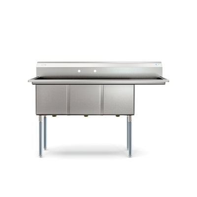 63 in. Three Compartment Commercial Sink, Bowl Size 15x15x14, Stainless-Steel 16 Gauge with Right Drainboard (KM-SC151514-15R316)