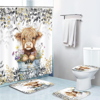 Highland Cow Floral Bucket Shower Curtain Sets & Bathroom Mat, 4-Piece Set, White