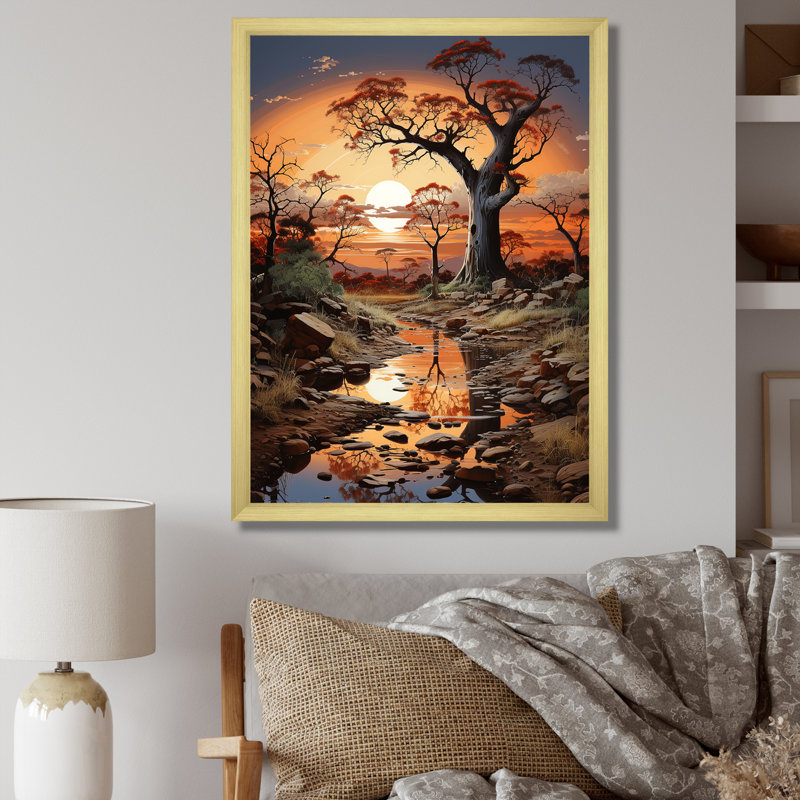 Baobab arbre surréel scène I - arbre baobab, art mural sur toile, H 40 po x l 30 po, Cadre doré simple