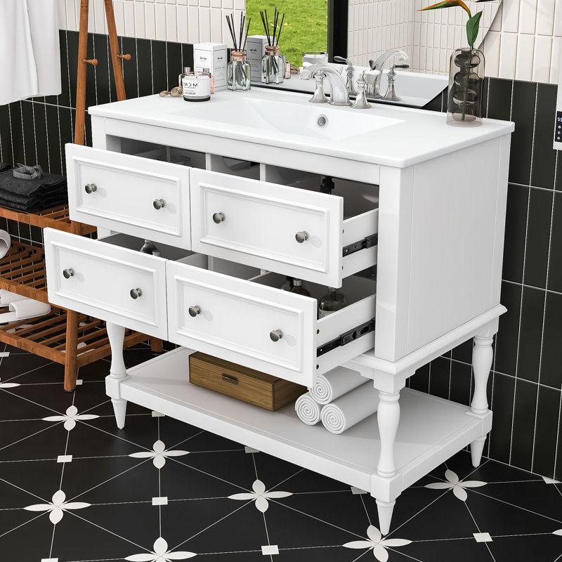 Ensemble de meuble-lavabo simple autoportant avec lavabo en céramique encastré Eftime Modern, Blanc