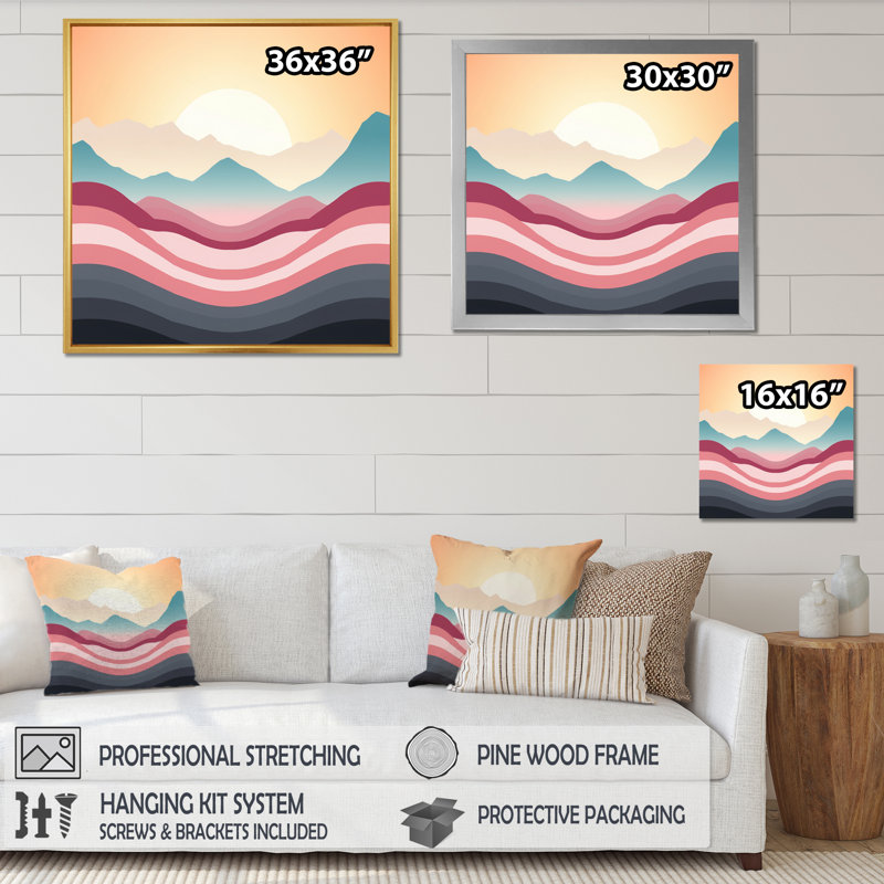 «Bold Graphic Sunset in Teal and Pink I», reproduction sur toile, H 24 po x l 24 po x P 1 po, Cadre flottant noir