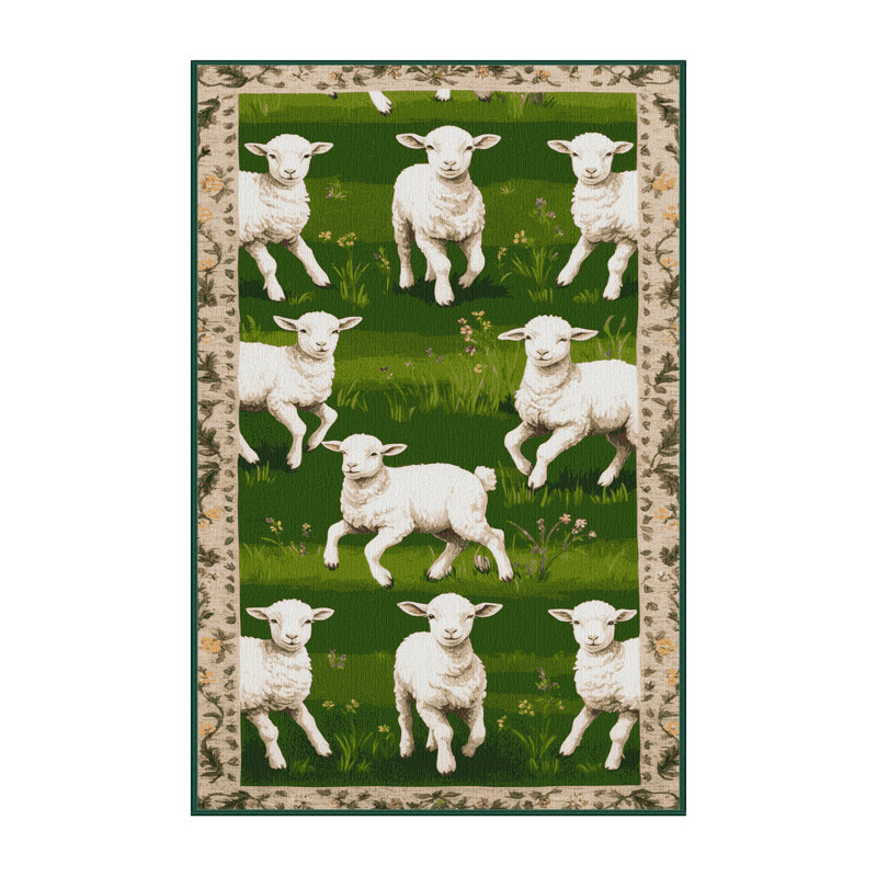 Washable Spring Lambs Farm Area Rug, Rectangle 6' x 9'