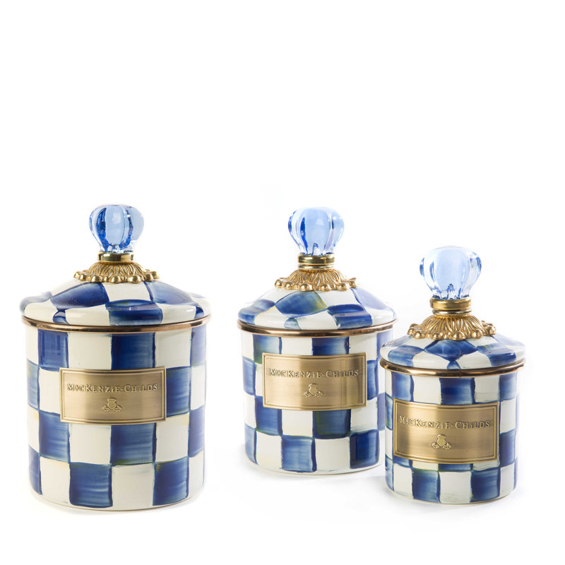 Canisters 3 - Piece Set, Blue/White/Brass/Clear, 9.75" H x 5" W x 5"D