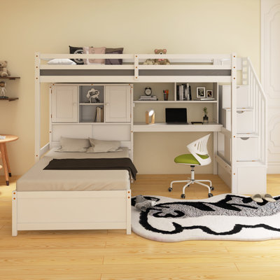 Lit mezzanine simple au-dessus de simple avec bureau intégré et escalier, avec compartiments de rangement et tablettes