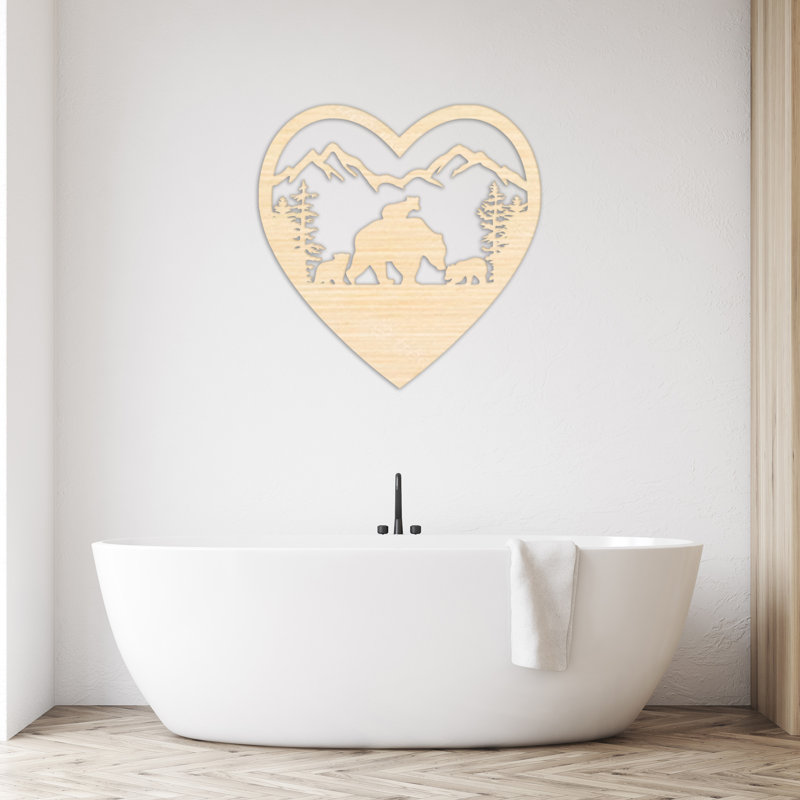 Art mural en forme de cœur avec ours et oursons - ACM, H 46 po x l 46 po x P 0,25 po, Blanc