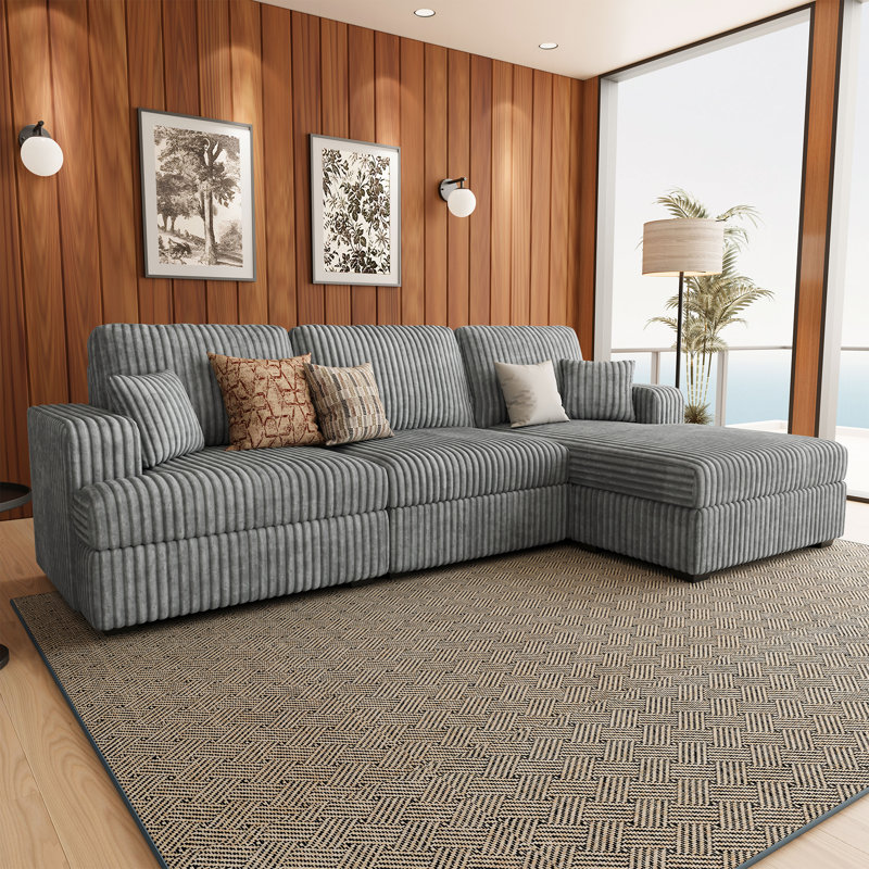  Bianca Wide Plush Corduroy 3-Seat L Shaped Modular Sofa with Storage, Light Grey Corduroy, Right Hand Facing
