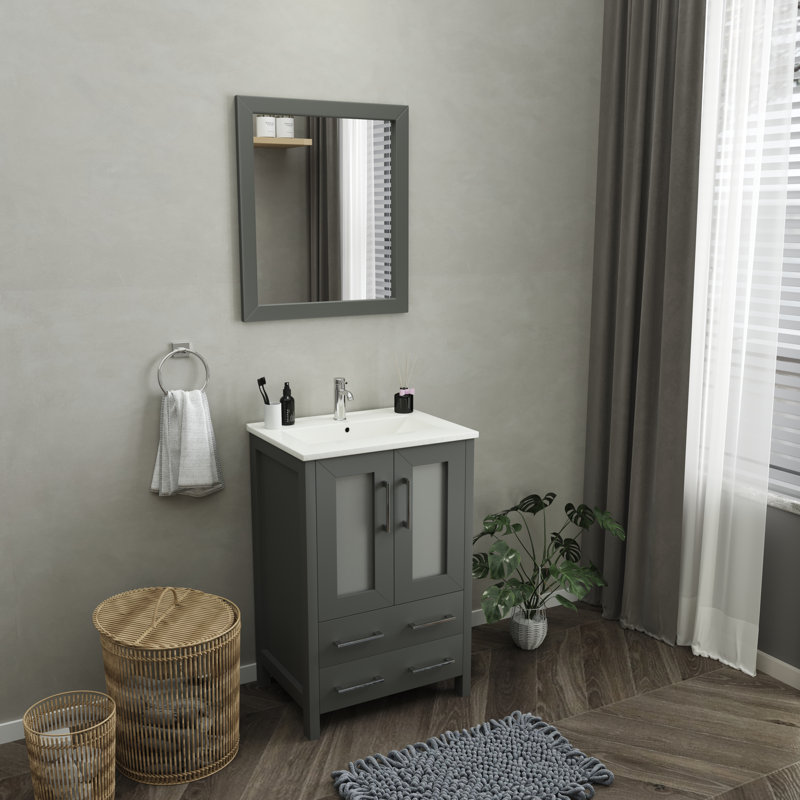 Brescia 24" Single Sink Freestanding Bathroom Vanity with Ceramic Top and Matching Mirror, Gray