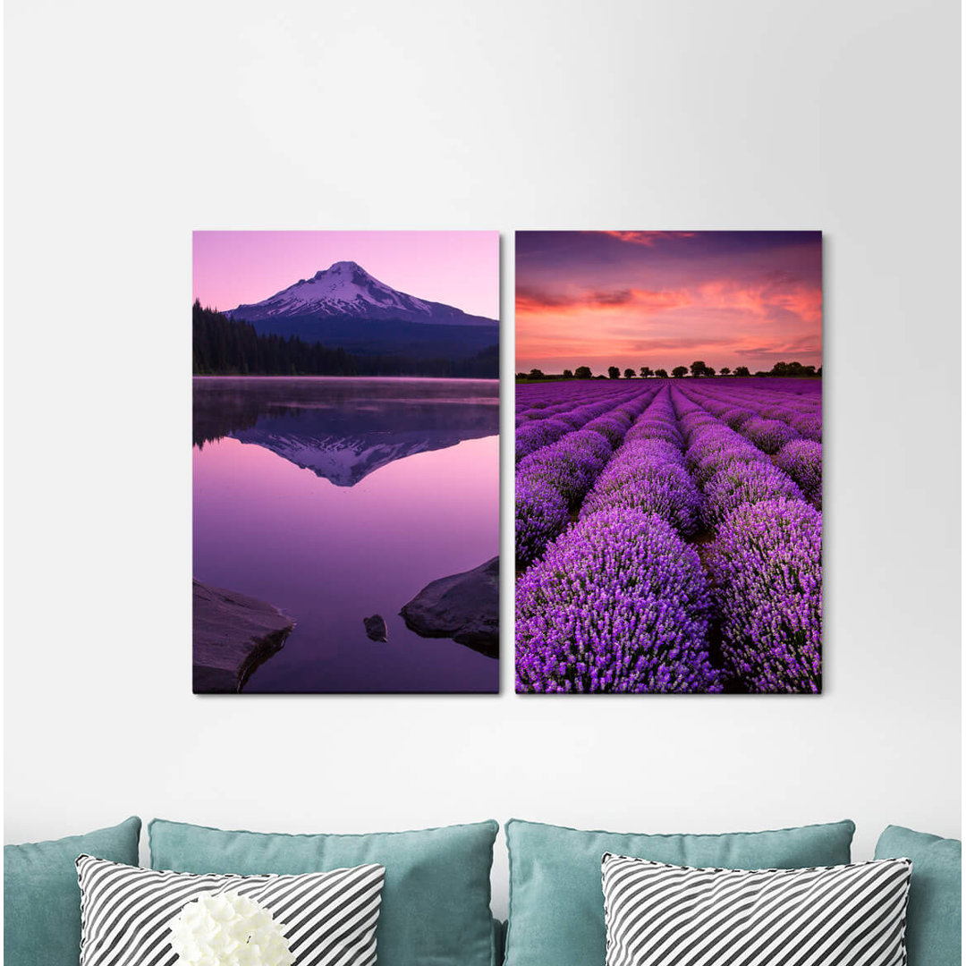 2-tlg. Leinwandbilder-Set - Fotografie „Fuji Volcano Japan Lavender Field Lake Reflection Calm”