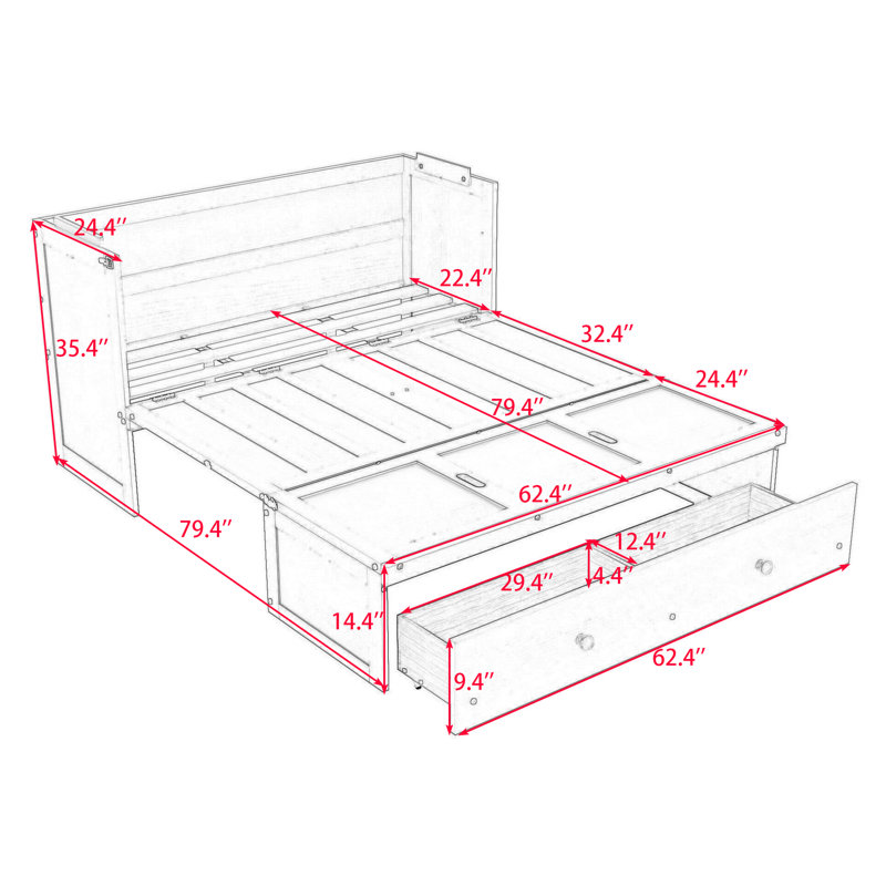 Lit escamotable en bois avec port USB et grand tiroir Isaure, Blanc, Grand lit
