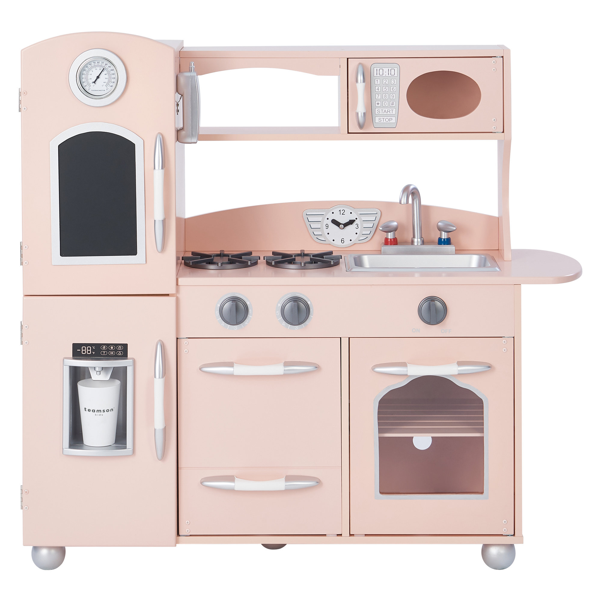 Teamson Kids Retro Wooden Play Kitchen with Chalkboard, Pretend Icemaker & Accessories, Pink
