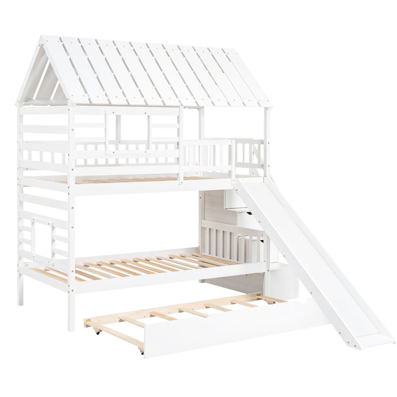 Lit simple / simple superposé avec lit gigogne, escalier de rangement pratique et conception attrayante sur le toit - fenêtre blanche simple au-dessus de l'espace