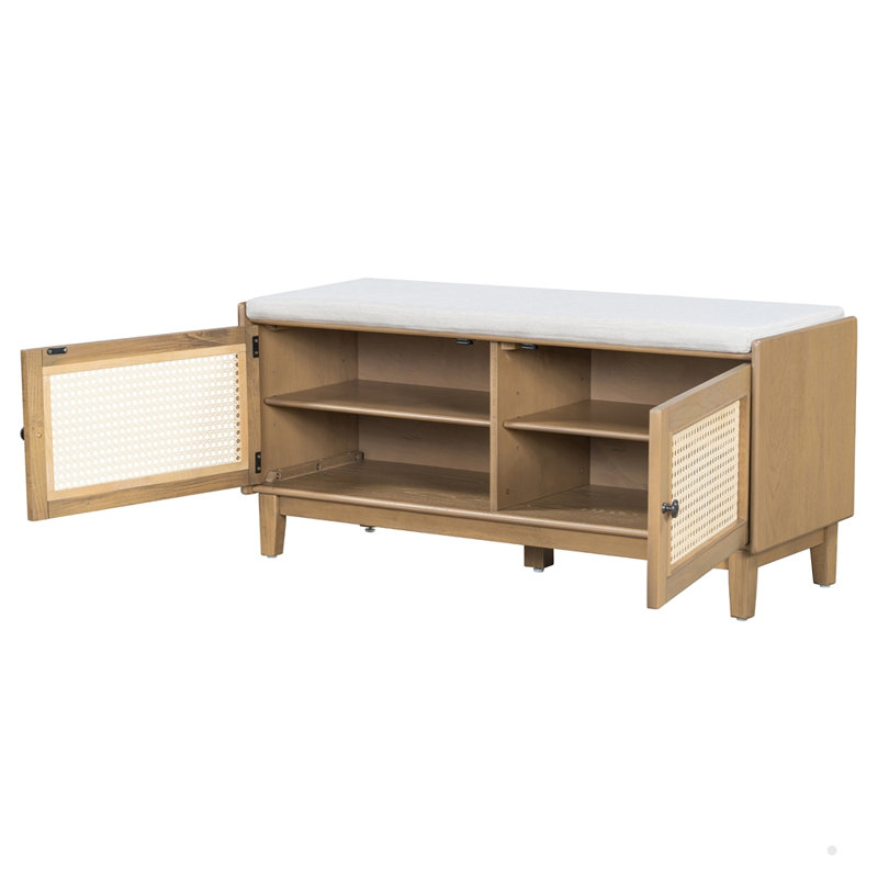 43.1-inch Wooden Rattan Entryway Bench with Storage and Removable Cushion, Brown