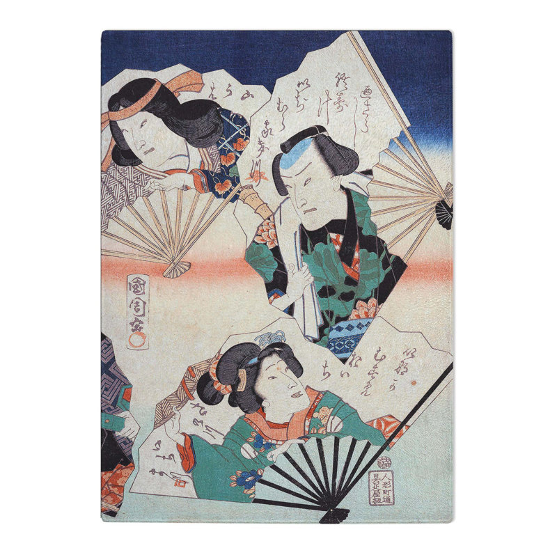 Tempered Glass Kabuki Actors with Fans by Toyohara Kunichika Chopping Board, 28.5 cm x 39 cm