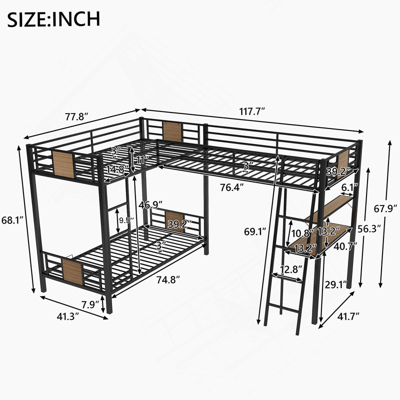 Lit superposé en L avec lit mezzanine avec bureau et tablette