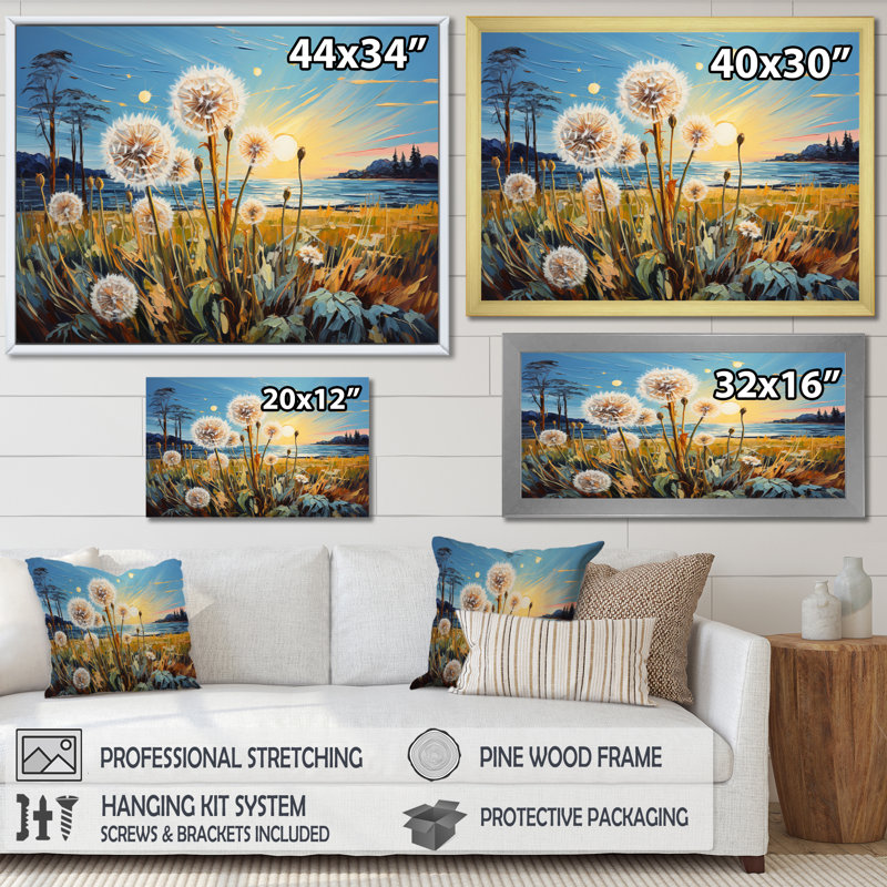 «Landscape Vangogh Dandelions Field I» sur toile, Cadre doré simple, H 34 po x l 44 po x P 1,5 po