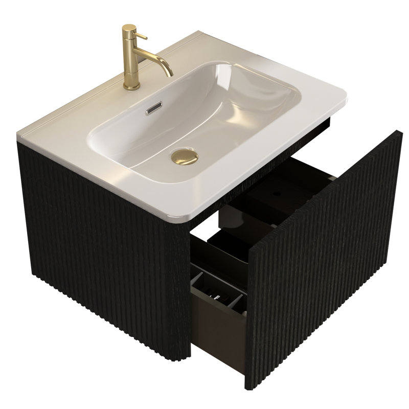 Meuble-lavabo de salle de bain 24 po - Chêne noir rayé, lavabo en céramique blanche, texture pratique en chêne, élégance
