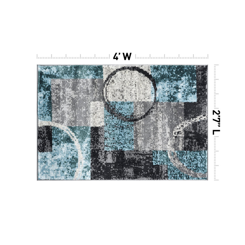 Fanton Modern Abstract Performance Gray/Ivory/Blue Area Rug, Rectangle 2'7" x 4', Blue/Gray