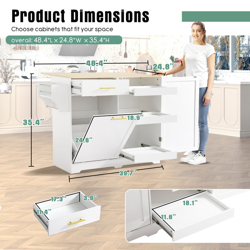 Îlot de cuisine 48,4 po avec abattant et armoire de rangement, chariot mobile à roulettes avec armoire à poubelle et tiroir, îlot de cuisine moderne avec support à épices et porte-serviettes, blanc