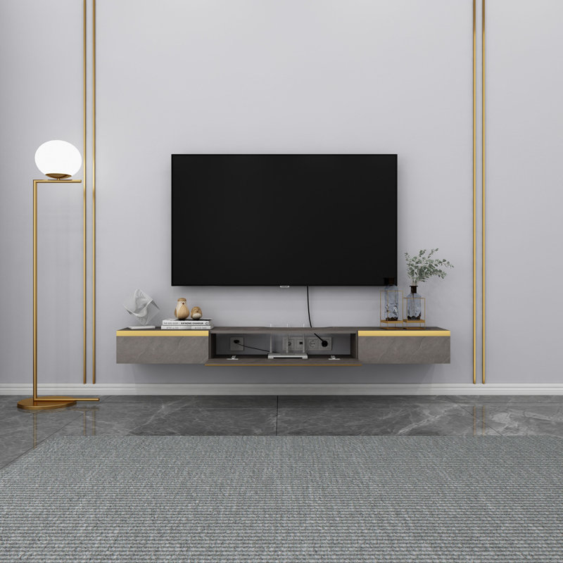 Meuble télé flottant pour téléviseur, Blanc-gris, 70.86'' W X 7.12'' D X 9.29'' H