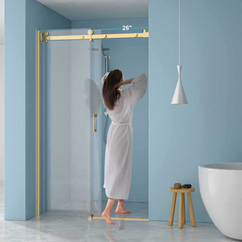 8Mm Tempered Glass Single Shower Door, 304 Stainless Steel Gold Frame, Reversible Design, Water- Screen, Impact Protection