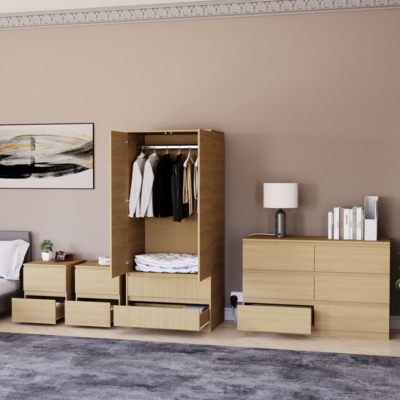 Tanino 4 Piece Bedroom Set (2 Drawer Large Bedside Chest X2, 6 Drawer Chest, 2 Door 2 Drawer Wardrobe), Beige