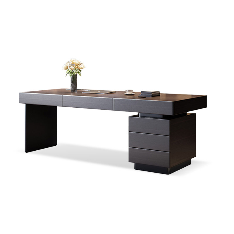 Bureau rectangulaire en bois manufacturé de couleur fumée + acier inoxydable avec 3 tiroirs