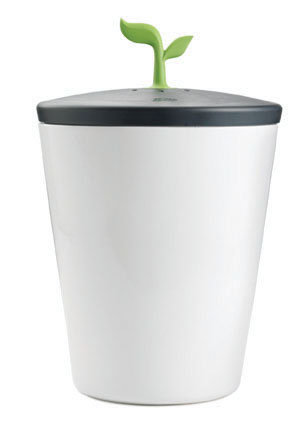 White and Black Ceramic Countertop Compost Bin with Green Lid