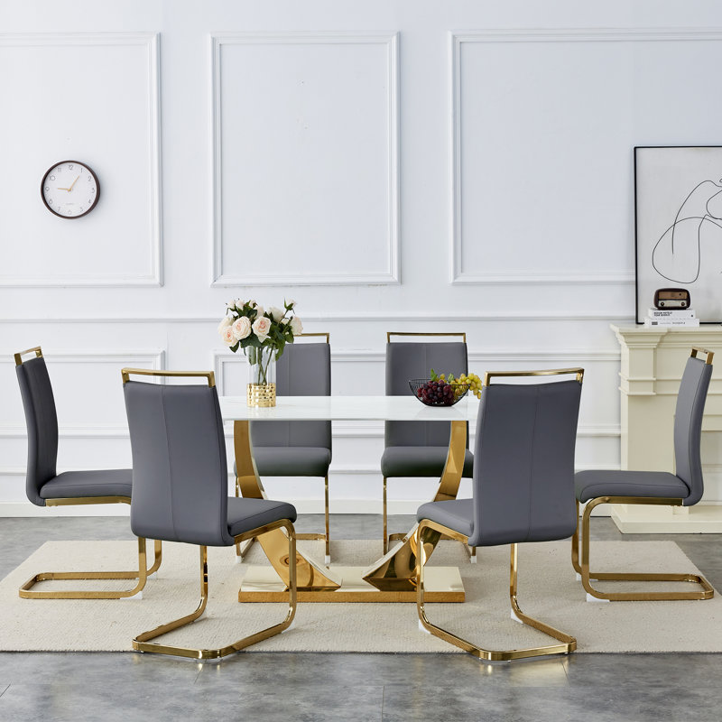 Ensemble de salle à manger 7 pièces Modern Glam, Gris foncé, Blanc