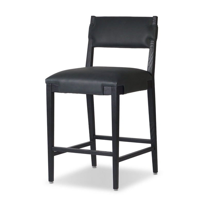 Tabouret Bilbrey, Noir, Cuir véritable noir, Tabouret de comptoir (siège d'une hauteur de 27,7