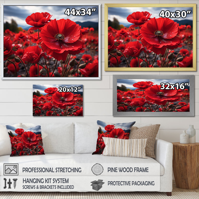 Flower Field Crimson Poppies - Floral Wall Art Prints, 30" H x 40" W, Cadre flottant blanc