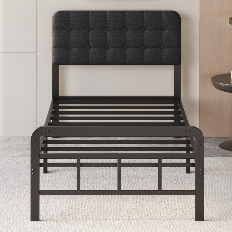 12 Inch Bed Frame with Upholstered Headboard and Metal Footboard, Twin, Black