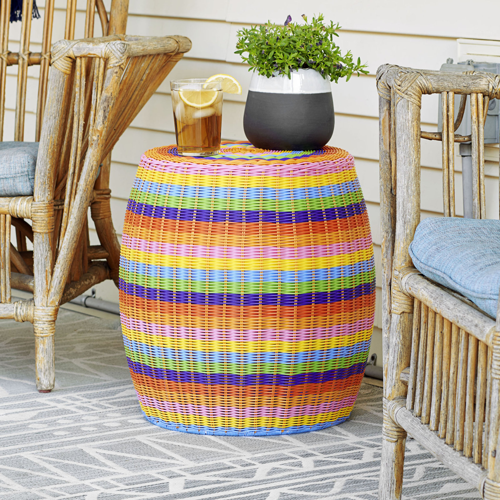Baudette 14" Handwoven End Table, Organe/Purple/Blue/Green
