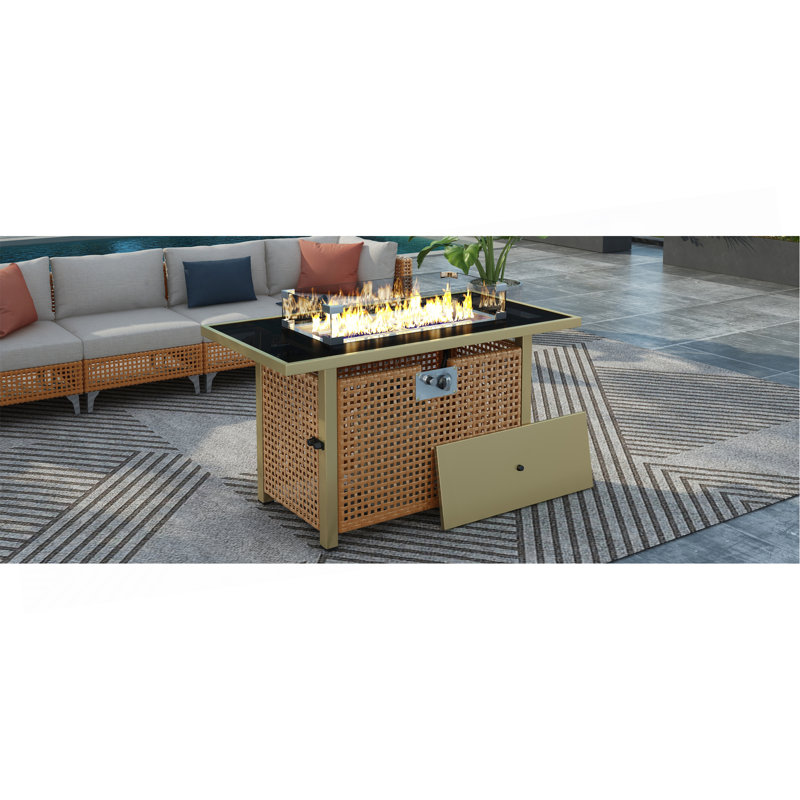 K&K 43" Propane Gas Fire Pit Table, 60000 BTU Rectangular Open Weave Wicker Fire Pit With Glass Wind Guard For Outside Patio Deck Garden Backyard - Orange & Mustard Yellow