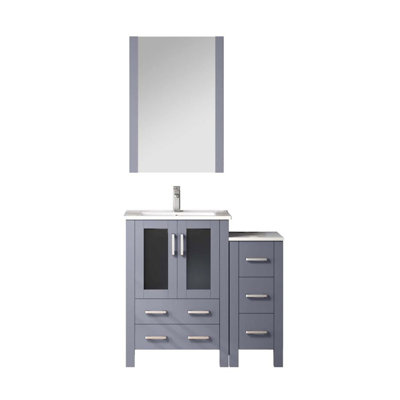 36 po Meuble-lavabo gris foncé pour salle de bain avec meuble d'angle latéral, robinet inclus, comptoir en céramique blanche et miroir mural pleine grandeur de 22 po en acier inoxydable