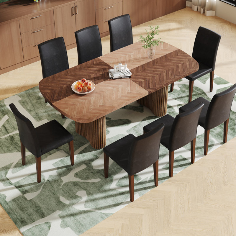 Ensemble de table de salle à manger à double caisson, Noir / brun, 9 pièces : table, 8 chaises
