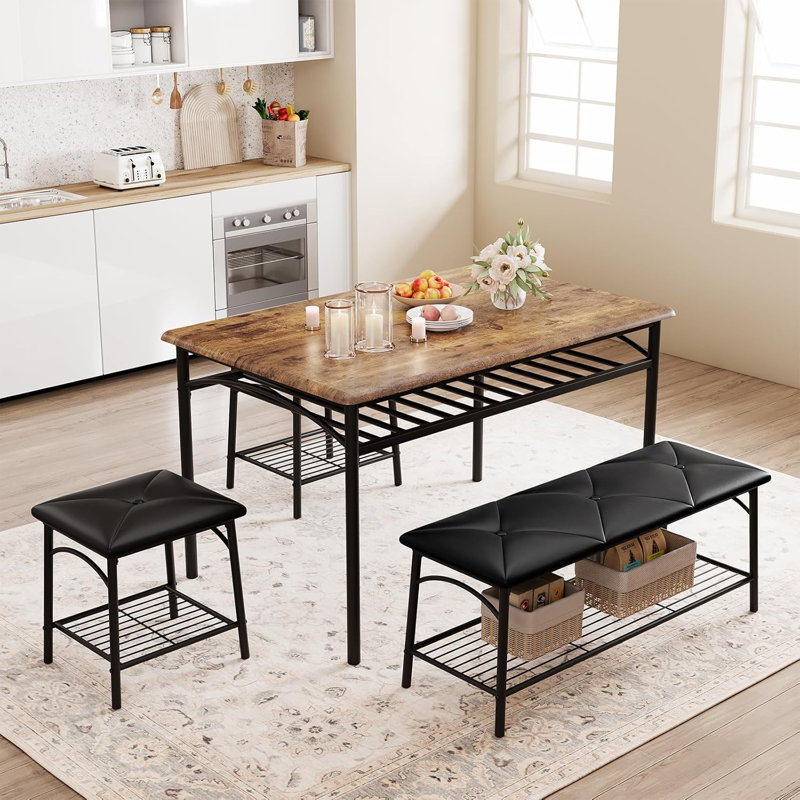 Ensemble de table de salle à manger 4 pièces avec banc et chaises rembourrés, meubles de cuisine et de salle à manger avec support de rangement