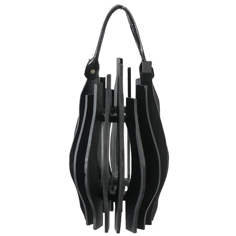 Decorative Lantern, Sculptural Shape And Leather Handle, Black Wood 16 Inch