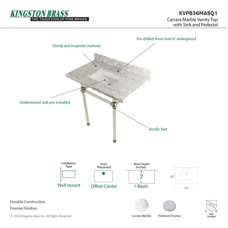 36-Inch Carrara Marble Vanity Top with Polished Chrome Base