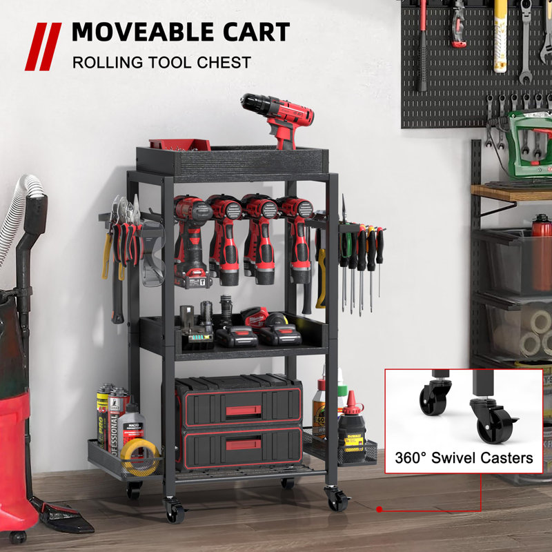 Garage Storage Shelving with Rolling Cart & Open Tool Chest Cabinet Box Organizer with Wheels, Black