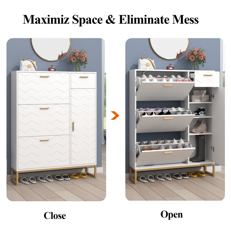 White MDF Shoe Storage Cabinet with Gold Metal Handles