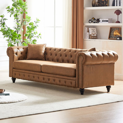 Luxury 3 Seater Tech Fabric - Rolled Arms, Button Tufting & Padding Brown Living Room Furniture With Elegant Design