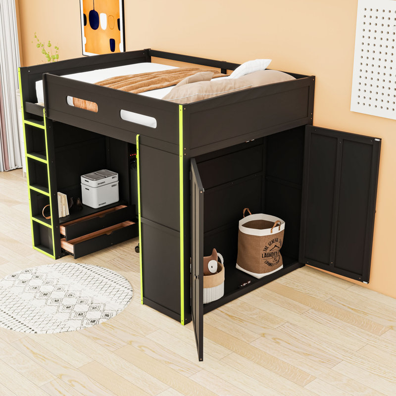 Full Size Gamer Loft Bed With Desk, RGB Lighting And USB,Drawers, Green