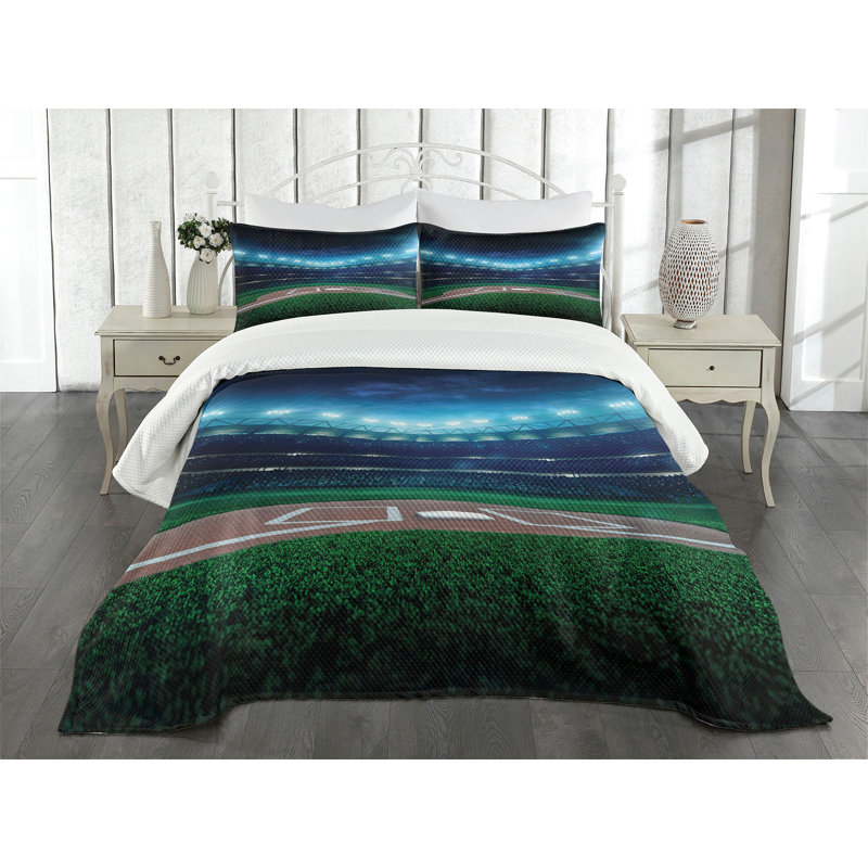 Ambesonne Sports Bedspread Baseball Stadium, King Bedspread + 2 Standard Shams