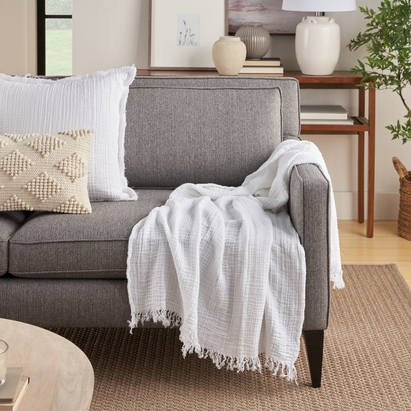 White Cotton Muslin Throw Blanket with Fringe Ends