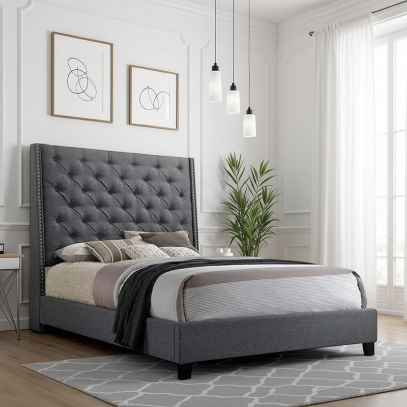 1Pc Contemporary Style Queen Panel Upholstered Bed Button Tufted Demi-Wings Nailhead Trim Gray Finish Bedroom Furniture, Gray