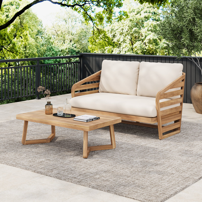 Vincent Outdoor 2-Piece Acacia Wood Conversation Set With Cushions