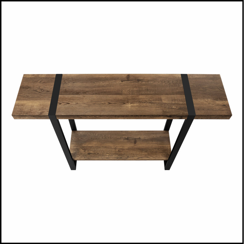 Console contemporaine pour entrée étroite avec plateau en stratifié brun et structure en métal noir, parfaite pour les maisons modernes.