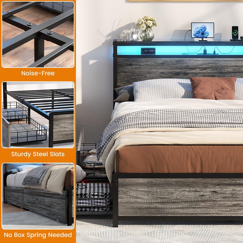 Bed Frame With 4 Drawers, Metal Frame With LED Light And Outlet, Storage Headboard, Gray, King