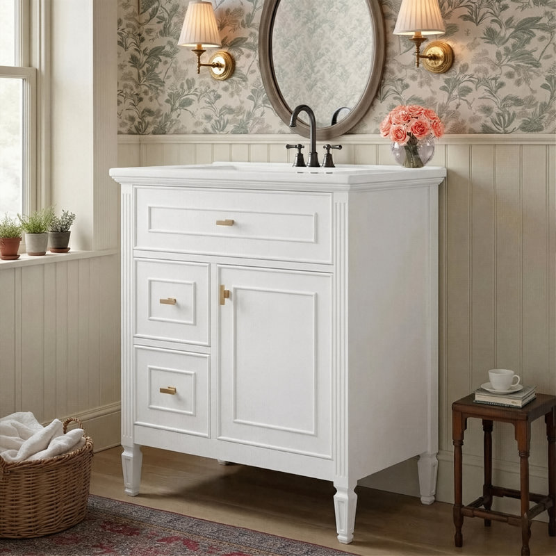 Meuble-lavabo simple de 30 po avec lavabo en céramique, armoire de rangement avec cadre en bois massif, 1 tiroir rabattable et 2 tiroirs latéraux