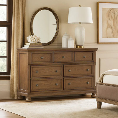 Bely Dresser, 65 Inch, 7 Drawers W 1 Hidden Drawer, Antique Brown Wood